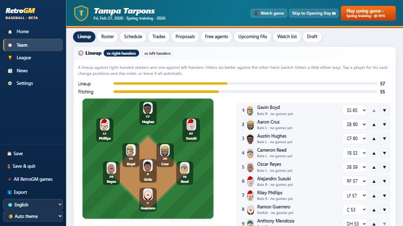 RetroGM Baseball: the lineup on the diamond, batting orders against right- and left-handed pitchers