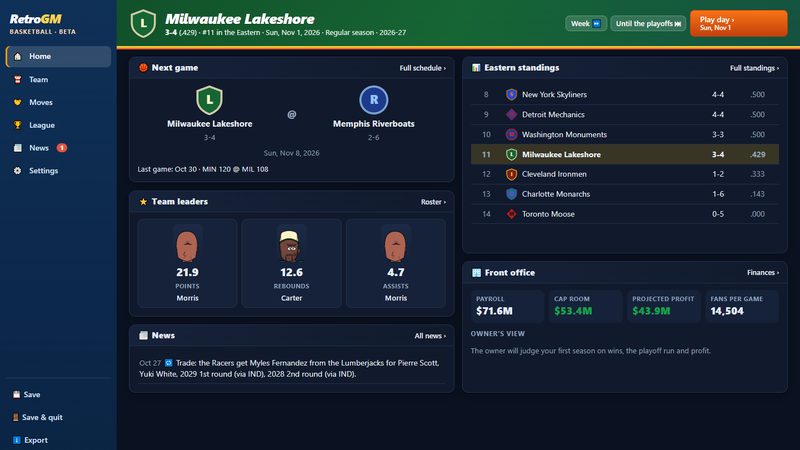 RetroGM Basketball: the general manager's office with the next game, team leaders and standings