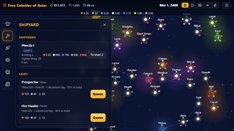 RetroGM Star Dominion: the galaxy map with the factions' space and the shipyard