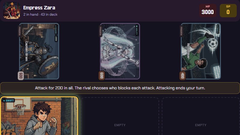 RetroGM Pixel Duel: your fighters on the table, the rival's line and your hand of cards